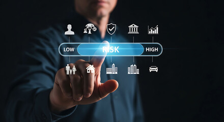 Obraz premium Man touching digital risk management interface with low and high assessment options