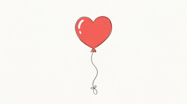 A red heart-shaped balloon with a string attached to it, floating against a white background.