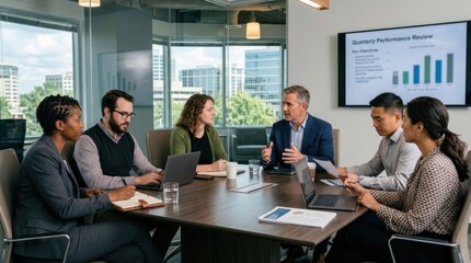 Fototapeta premium A group of six business professionals in a conference room, discussing a financial report with a large screen in the background.