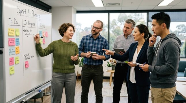 A group of five business professionals standing around a whiteboard in an office setting, discussing a project using sticky notes and a digital tablet.