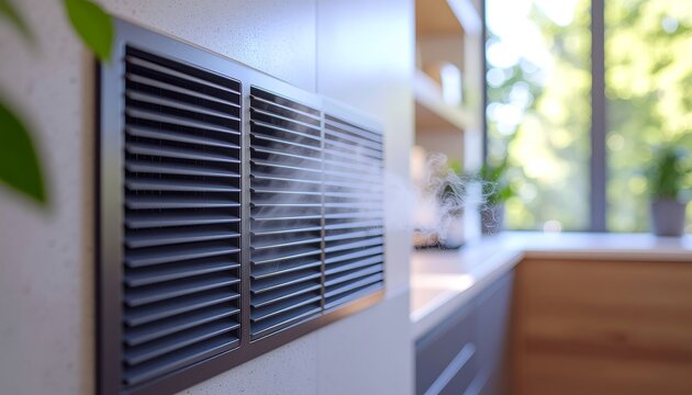 Close-up view of a dark air vent on a light wall, emitting a fine mist into a modern room with a blurred kitchen and window in the background.