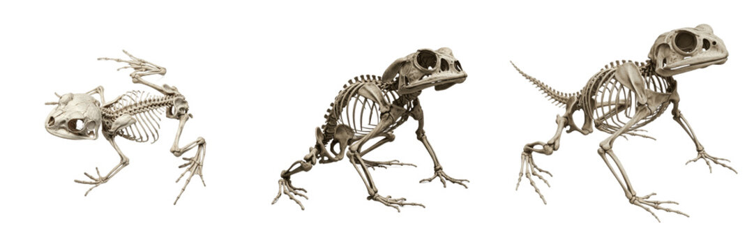 Toad skeleton, Bufo bufo, crouched posture, realistic amphibian osteology, Bufonidae anura robust bone skeleton, pectoral girdle arciferal type quadrupedal crawling limb architecture template