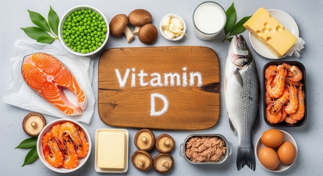 Vitamin D Rich Foods Displayed With Assorted Ingredients For Healthy Diet