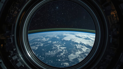 Obraz premium Space elevator cabin view of Earth curvature and stars with atmospheric glow