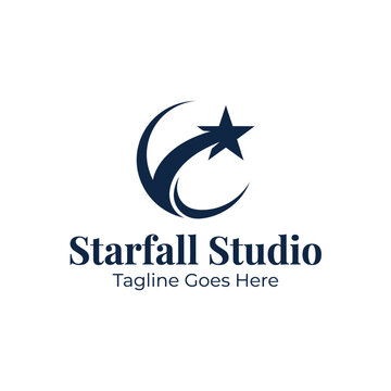 Minimalist logo design featuring a navy blue crescent swoosh and a five-pointed star.