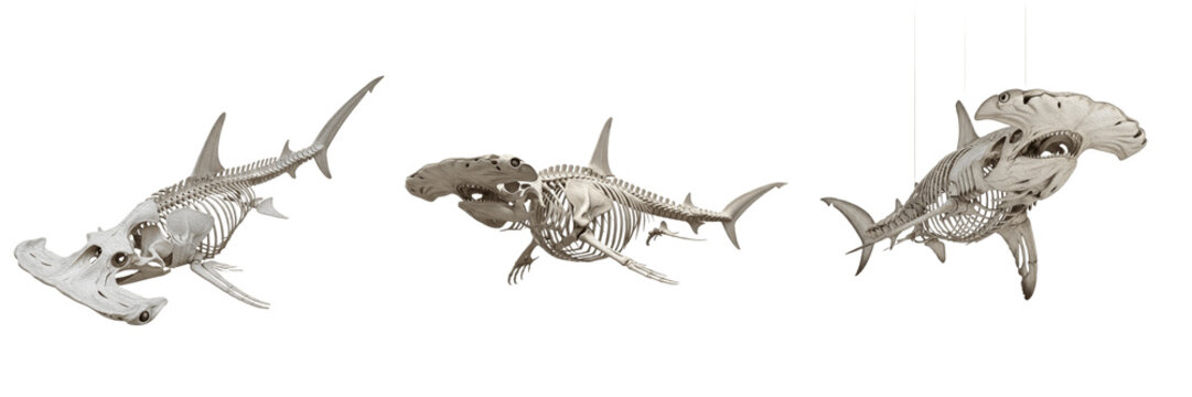 Hammerhead shark skeleton, Sphyrna mokarran, unique skull structure anatomy, Sphyrnidae chondrichthyes lateral cephalofoil extensions cartilaginous framework profiling calibration template blueprint