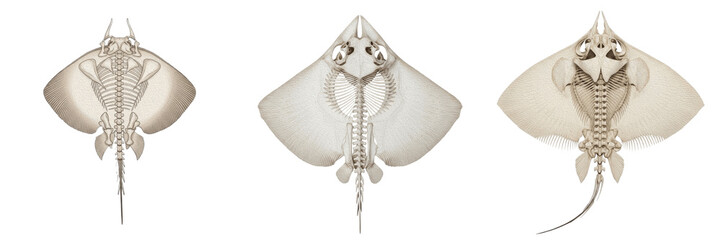 Stingray skeleton, Dasyatis pastinaca, flat marine anatomy, realistic bone details, Dasyatidae batoid elasmobranch osteology, expanded pectoral fin propterygium cartilaginous grid layout framework © SmartBee