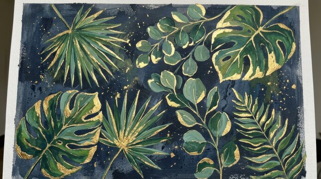 A watercolor painting of a tropical leaf with gold accents on a dark blue background, featuring a variety of green and gold leaves with a dark blue sky in the background.