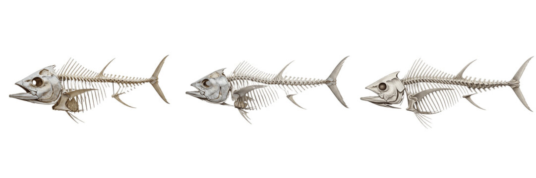 Tuna fish skeleton, Thunnus thynnus, streamlined aquatic anatomy, Scombridae teleost scombriformes osteology, robust cranial skull hypural plate caudal finlet bones structural grid profiling template
