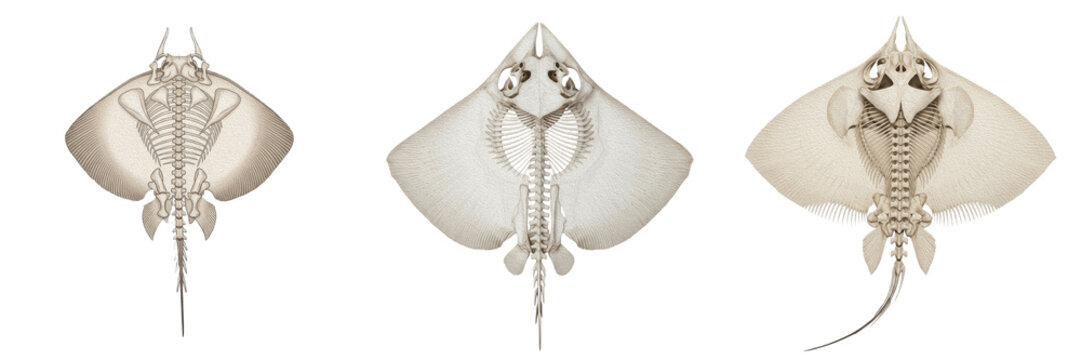 Stingray skeleton, Dasyatis pastinaca, flat marine anatomy, realistic bone details, Dasyatidae batoid elasmobranch osteology, expanded pectoral fin propterygium cartilaginous grid layout framework