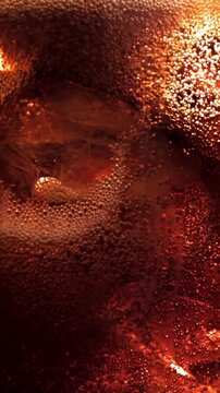 Bubbles in a glass of cola with ice. Filmed on a high-speed camera at 1000 fps. High quality FullHD footage