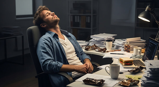 Man slumped in office chair after late night work with snacks and drinks