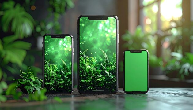 Three smartphones on a wooden surface showcase a verdant display amidst potted plants and a bright window backdrop
