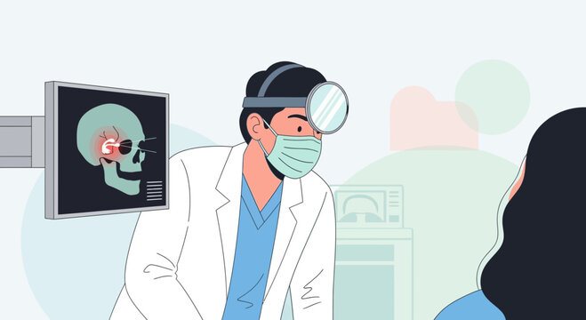 Doctor examining patient with ENT examination equipment and skull x-ray