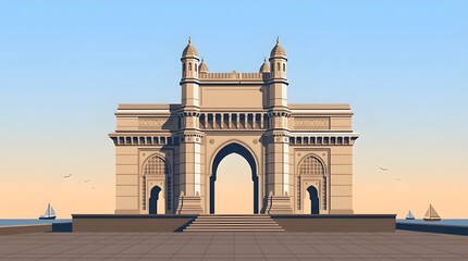 Fototapeta premium Gateway of India Mumbai Landmark Vector Illustration with Sea and People Walking in Front Square