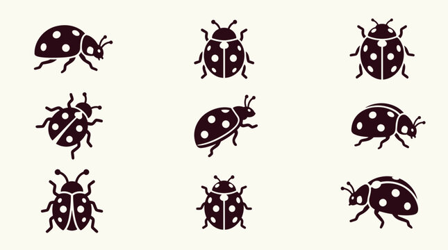 Set of dark brown ladybug icons in different poses.