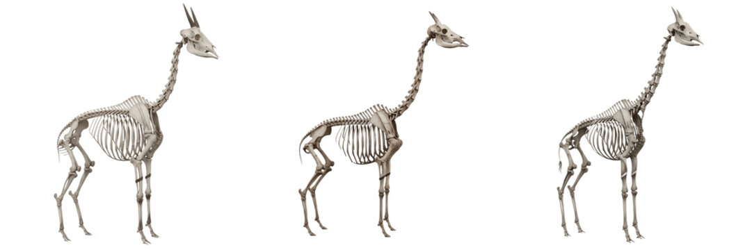 Okapi skeleton, Okapia johnstoni, giraffe relative anatomy, long neck bones, Giraffidae giraffoid artiodactyl osteology, modified cervical vertebrae cranial ossicones skeletal framework format card