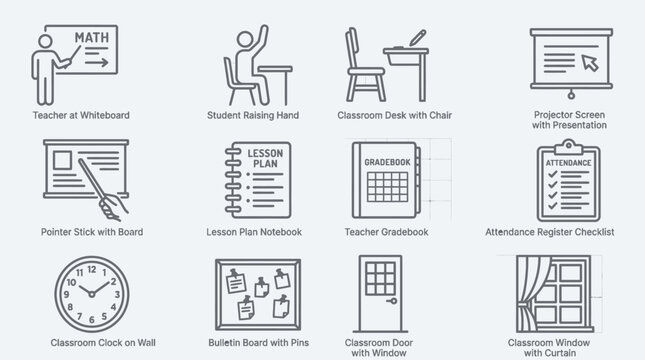 Set of education and classroom related outline icons.