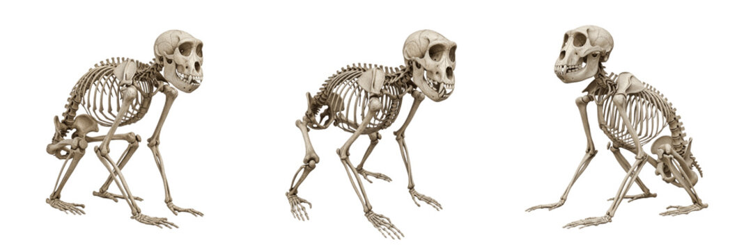 Macaque skeleton, Macaca mulatta, crouching pose anatomy, detailed primate skull, Cercopithecidae catarrhini macaca osteology, quadrupedal arboreal mammalian bone system tracking profile format layout