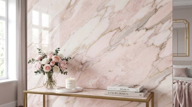 A luxurious, pink marble wall with a gold console table and a vase of flowers in a vase with a candle on top.
