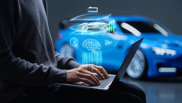 Person uses laptop with AI in creative design for futuristic car