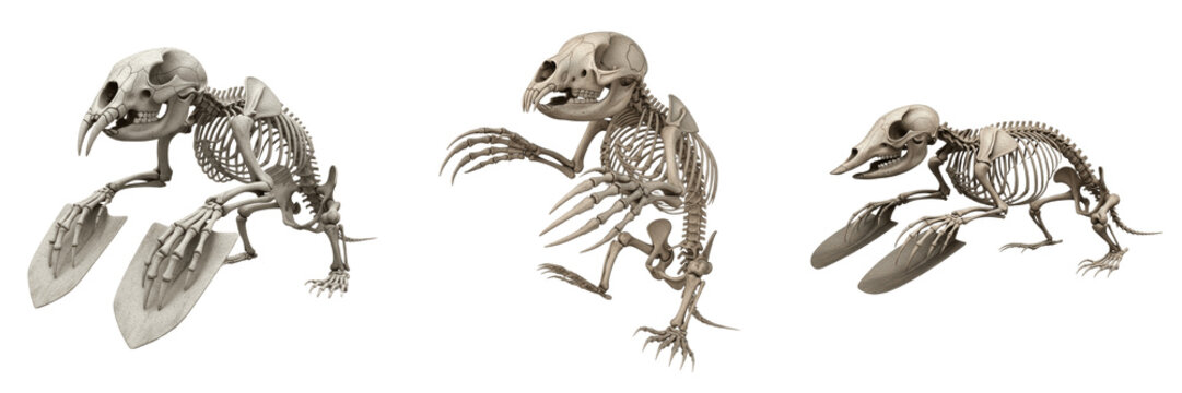 Mole skeleton, Talpa europaea, digging claws anatomy, underground mammal structure, Talpidae eulipotyphla fossorial osteology, falciform sesamoid bone hyper-broadened humerus skeletal framework
