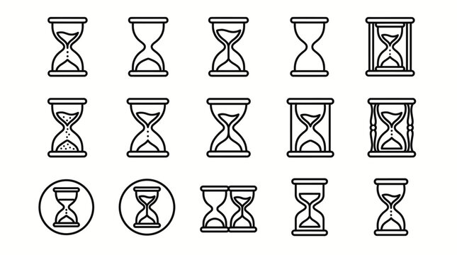 Set of fifteen hand drawn hourglass icons isolated on white background.