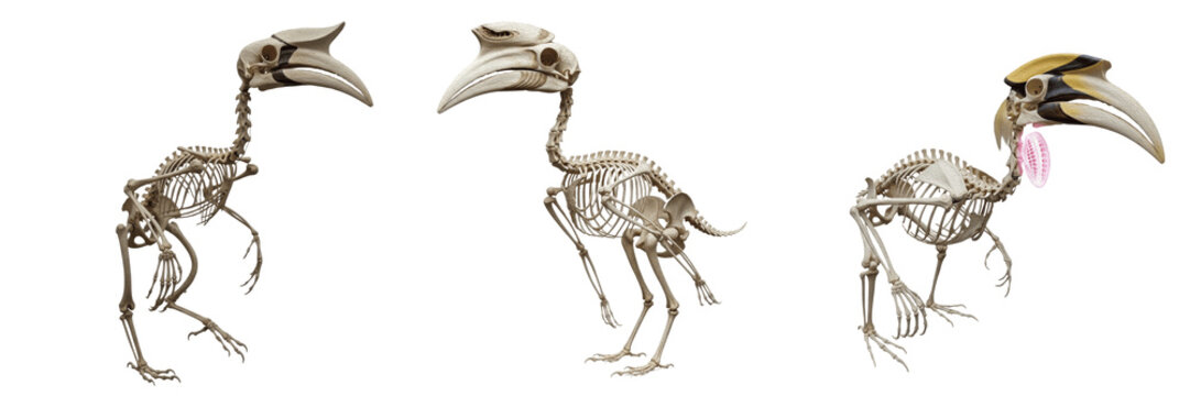Hornbill skeleton, Buceros rhinoceros, giant curved beak anatomy, Bucerotidae coraciiformes avian osteology, supracranial casque hollow bone trabecular network fused cervical vertebrae layout