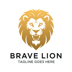 Obraz premium Regal golden lion head mascot logo representing strength and leadership.