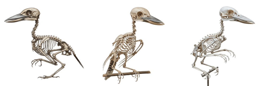 Kookaburra skeleton, Dacelo novaeguineae, perched pose, bird skull anatomy, Alcedinidae coraciiform kingfisher osteology, massive dagger-like beak cranial bone alignment tracking profiling layout