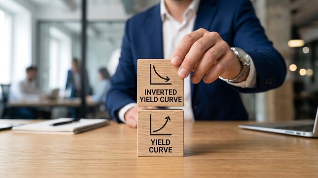 Businessperson holds wooden blocks with inverted yield curve and yield curve graphics representing economic concepts