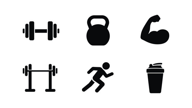 Set of black fitness and gym icons including barbell kettlebell bicep running man and protein shaker bottle