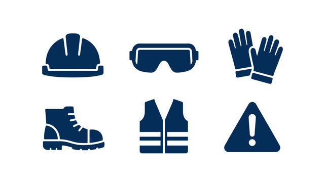 Set of industrial personal protective equipment icons featuring hard hat goggles gloves boots vest and warning sign