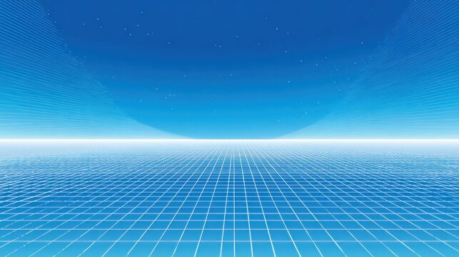 Digital wireframe plane extends toward a bright horizon under a starry blue sky