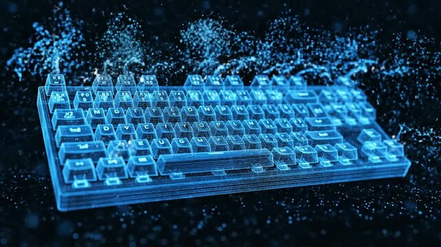 Glowing blue holographic computer keyboard floating in dark space surrounded by dynamic liquid water splashes and digital
