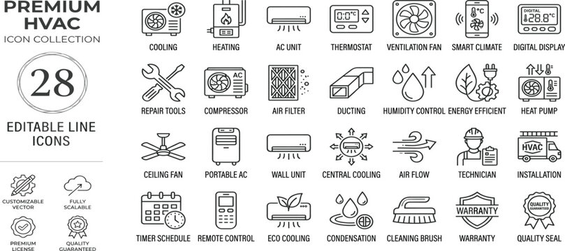 hvac air conditioning line icon set featuring cooling system, heating, temperature, ventilation, cooling, smart, thermostat, and repair maintenance vector symbols.