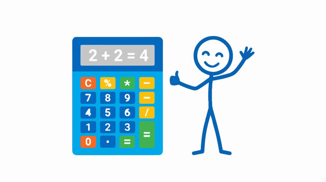 Happy stick figure with calculator showing simple math addition