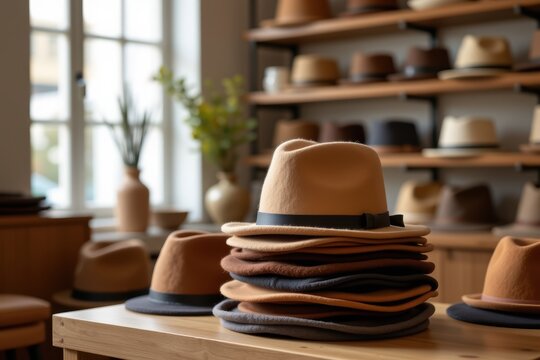 A stack of stylish hats displayed on a wooden table inside a cozy boutique with shelves of hats in the backgro...