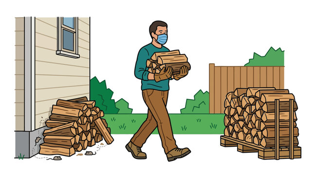 A man wearing a face mask carrying a stack of firewood near a house with mice and a woodpile, vector illustration