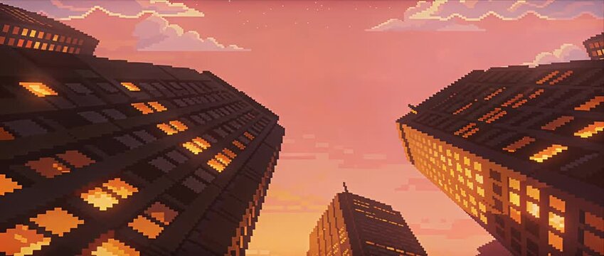 Pixel city sunset sky glow digital building window light cloud dusk silhouette urban landscape skyline retro pixel art style modern architecture warm orange ambient calm perspective fantasy digital