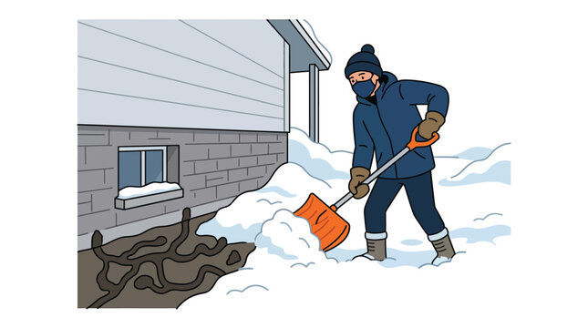 A person shoveling snow away from the foundation of a house revealing vole tunnels in the dirt