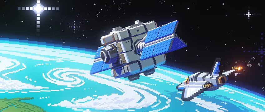Pixel spaceship earth orbit starfield retro pixel art spacecraft float above planet blue atmosphere space cube cartoon style satellite orbit space earth pixel galaxy star cosmos science technology