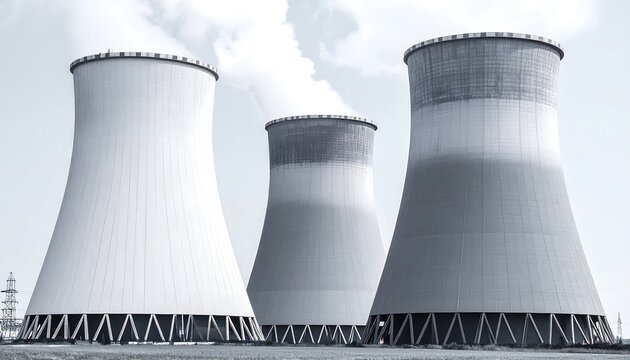 Three large, white cooling towers rise against a bright, cloudy sky, with an electricity pylon on the distant left