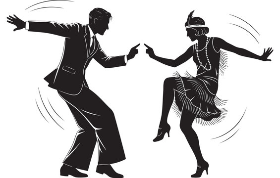 Vintage couple dancing in black silhouette with dynamic motion lines on white background for retro party