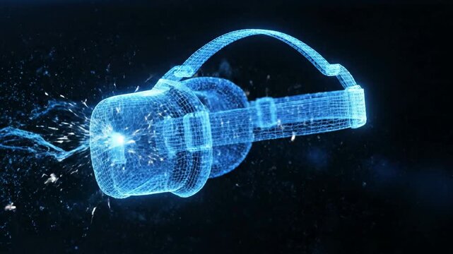 Futuristic virtual reality headset wireframe glowing blue neon digital construction emerging from particles in dark space