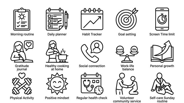 Set of Healthy Lifestyle and Daily Habit Routine Icons.