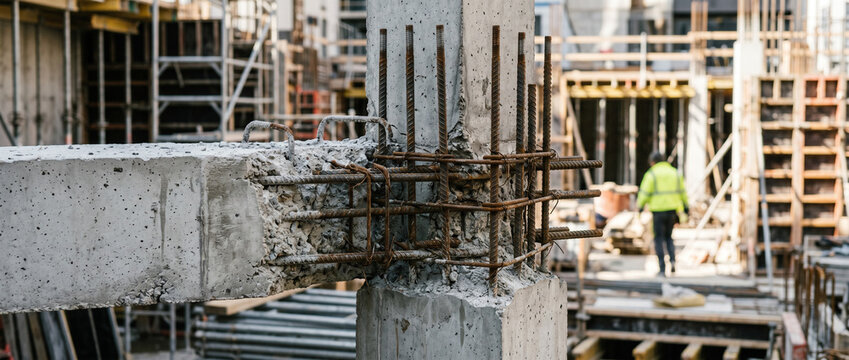 Close-up construction site with steel reinforcement and concrete columns