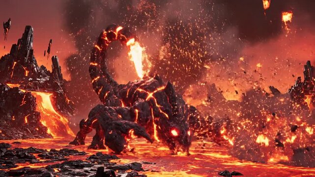 Huge lava scorpion monster crawling through a volcanic desert.