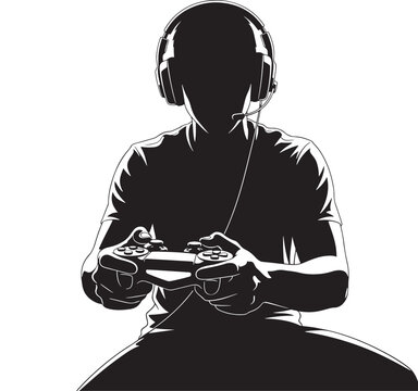 Silhouette of gamer wearing headphones playing video games on console controller in black and white for gaming design
