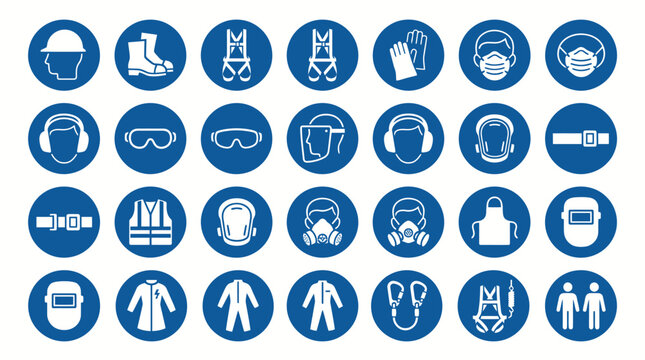 Set of Mandatory Personal Protective Equipment PPE Safety Sign Icons in Blue Circles.